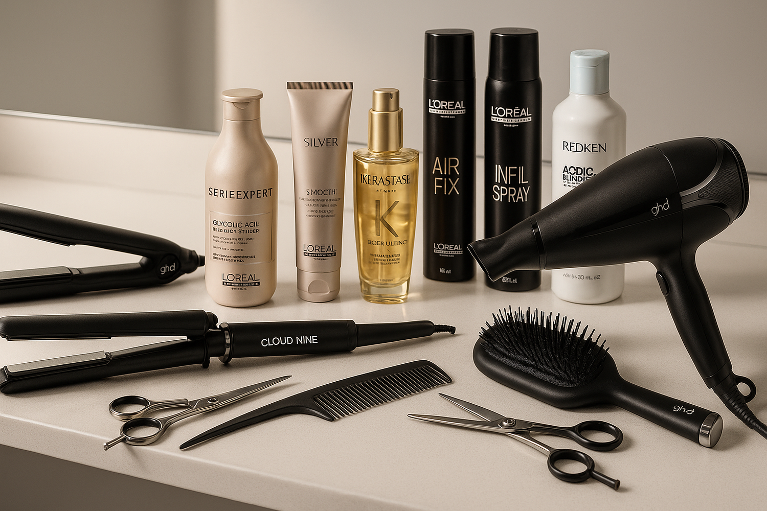 Professional salon product display featuring an elegant arrangement of high-end hair styling tools and premium hair care products